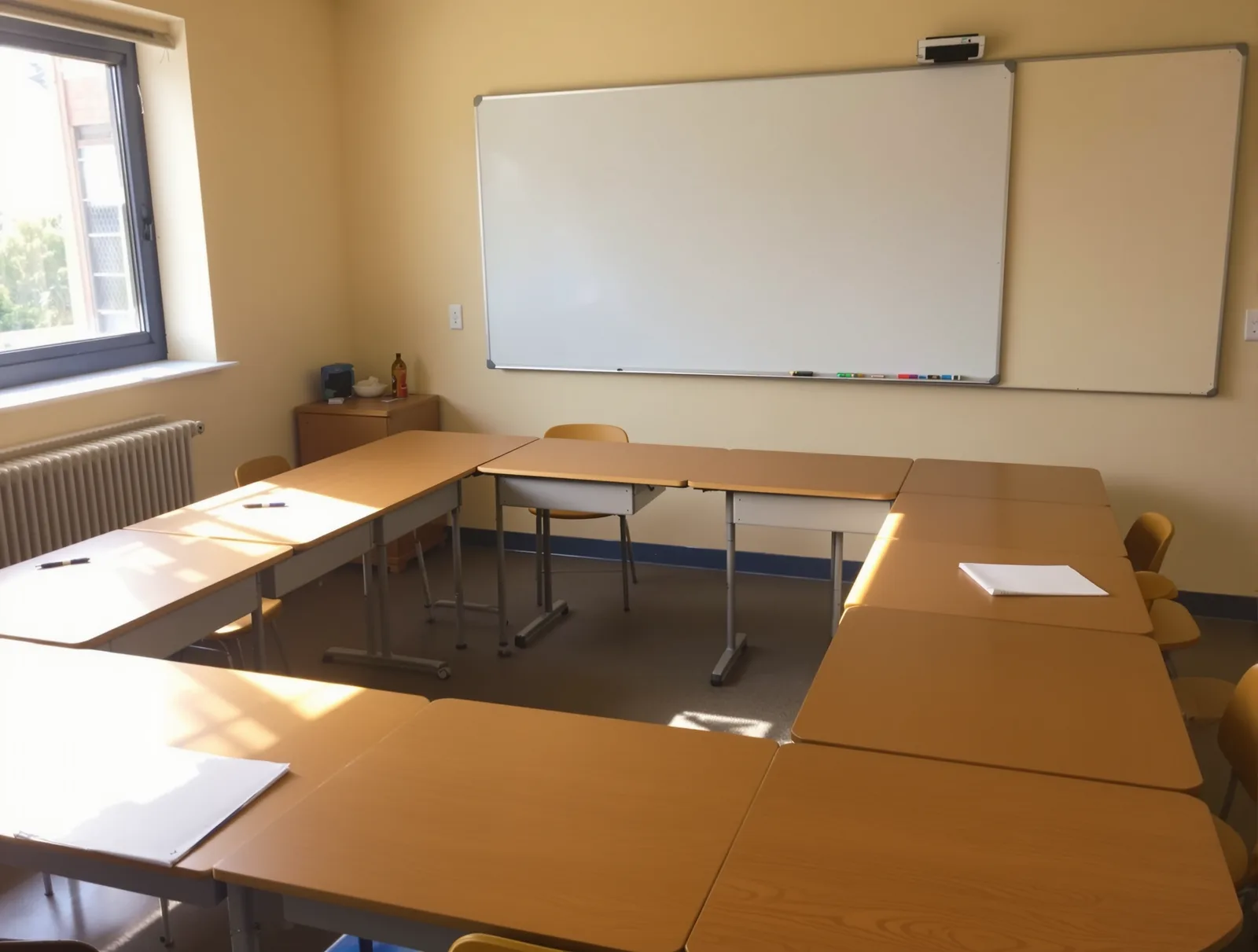 Sekiz kişilik küçük grup dersliği, masalar U şeklinde düzenlenmiş